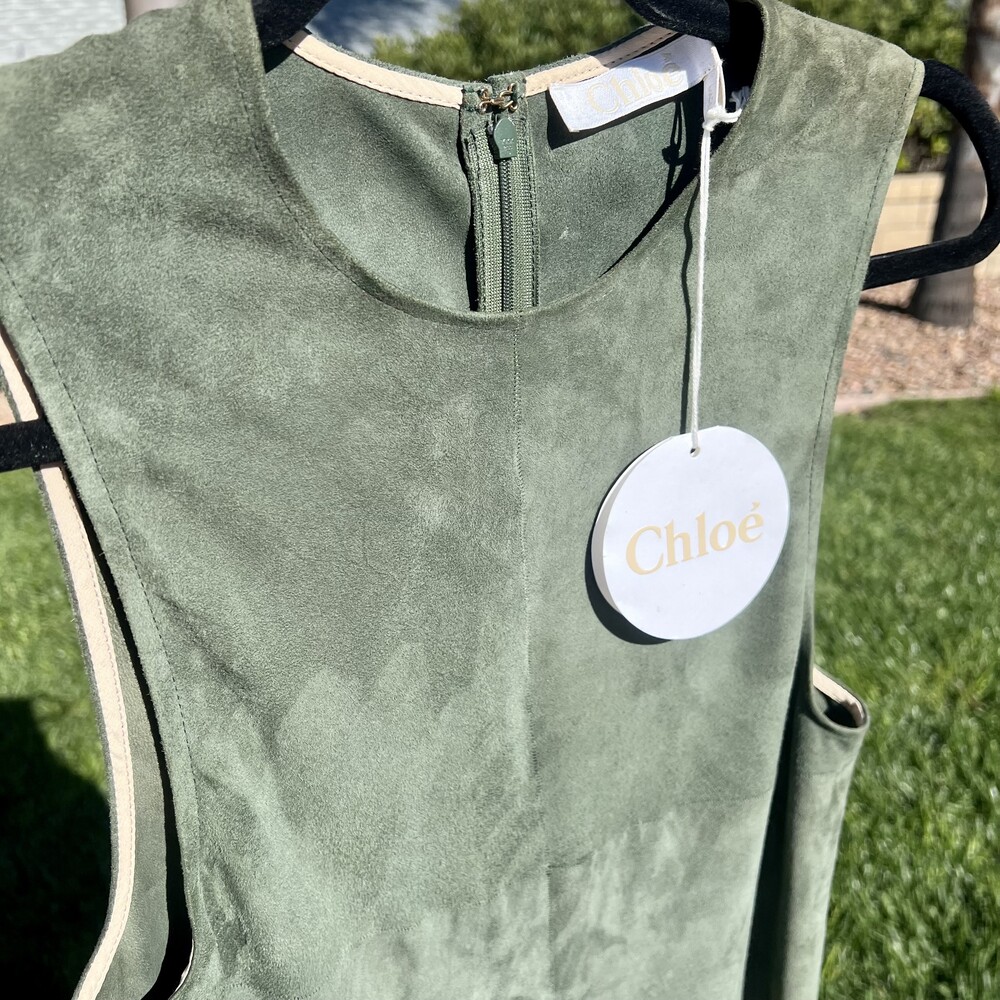 CHLOÉ Suede Leather Midi Dress Stormy Green Size 34 US 2 Small NWT defect $4590 - Picture 8 of 10